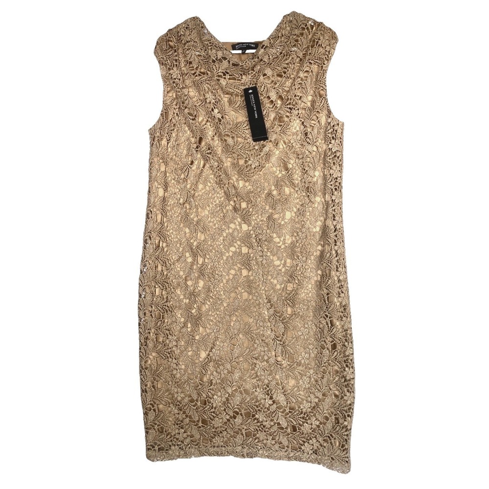 Jones New York Crochet Lace Overlay Metallic Gold Party Dress Women 8 M NWT $179